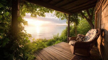 Serene lakeside sunrise view from a rustic wooden cabin with a cozy wicker chair