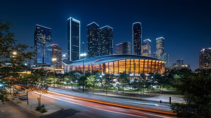 Naklejka premium Night cityscape with modern architecture and city lights.