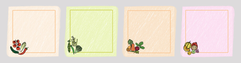 A Vector collection of hand-drawn fruit and vegetable frames on pastel scribble backgrounds. For labels, recipe cards, organic food packaging, kitchen decor, menu design, healthy food projects.