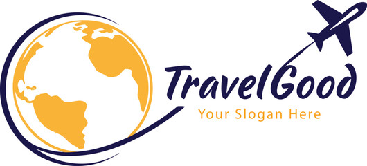 Global travel agency logo featuring a stylized globe and airplane with the text travelgood isolated on transparent background