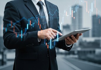 A businessman in a suit analyzes stock market data on a tablet, showing financial trends.