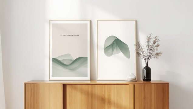 Two minimalist abstract landscape paintings featuring green mountains and rolling hills displayed on a wooden cabinet with a small vase and dried plant for elegant home decor - Powered by Adobe