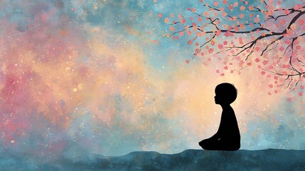 silhouette of child in meditation pose overlaid with blooming cherry blossoms and pastel sky, poetic surreal art