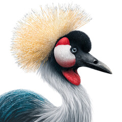 Fototapeta premium Png of close up portrait of a grey crowned crane isolated on transparent background, showcasing its elegant crest and colorful plumage in detail
