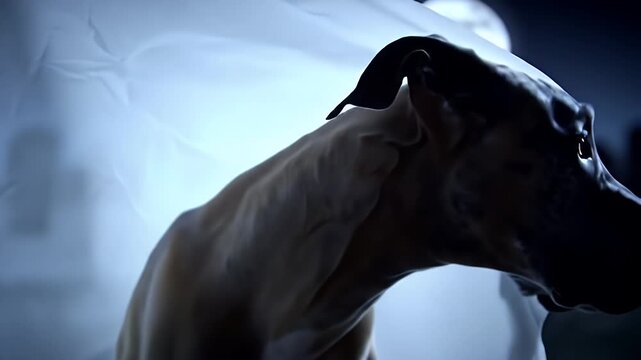 Funny Great Dane Dog With White Sheet Disguised As Ghost on a Full Moon Night at Graveyard
