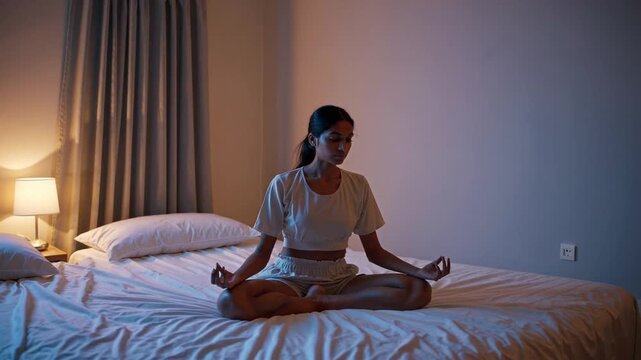 Woman of Indian descent performing yoga poses on her bed prior to sleep
