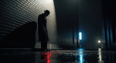 Mysterious man standing alone in dark alleyway at night, cinematic film noir style, for crime thriller movie poster