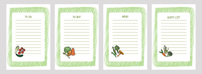 Vector Set of printable planner pages with hand drawn vegetables. Includes to do list, shopping list, menu planner, and guest list. Perfect for meal prep, party planning, and organization.
