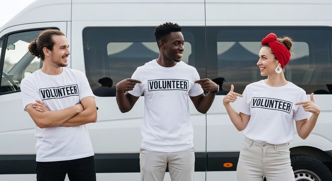 Three diverse volunteers smiling and pointing to their shirts