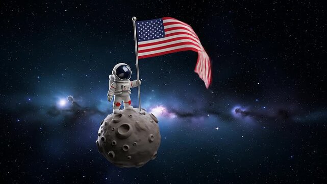 Astronaut Planting American Flag on Cratered Moon with Waving Banner in Starry Galaxy.