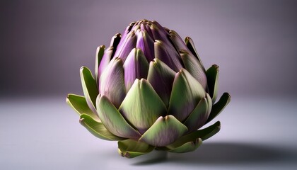 Fototapeta premium fresh and organic artichoke with green and purple hues on neutral background for culinary and agricultural inspiration