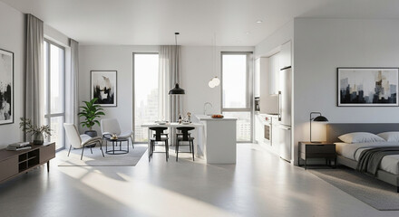 Sunlit interior of a chic, contemporary studio apartment with a minimalist open-concept layout.