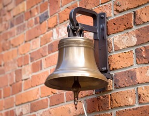 Fototapeta premium A bronze bell is mounted on a red brick wall, showcasing its intricate details and craftsmanship.
