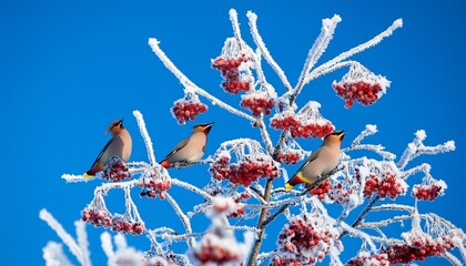 bohemian waxwing bird perched on a snow covered tree with red berries covered in ice crystals on a blue sky background