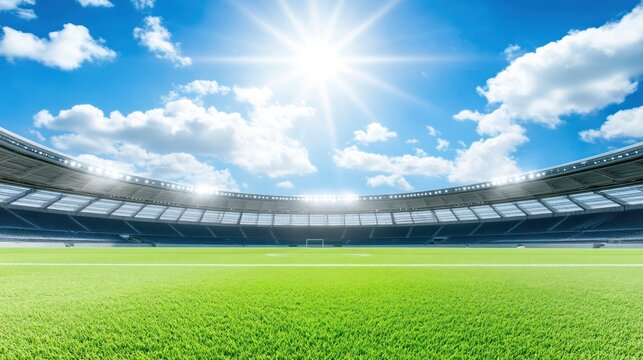 Empty soccer stadium on a sunny day with green grass