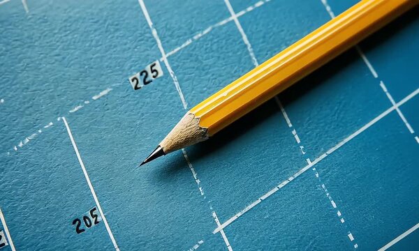 Yellow pencil on a textured, blue gridded surface