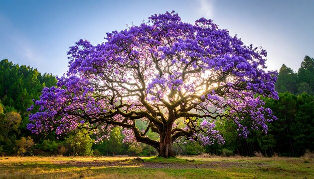 Majestic purple tree in sunlit meadow