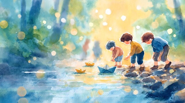 kids launching tiny paper boats in a forest stream, sparkling bokeh, gentle ripples, golden hour shafts through trees, cute expressive faces, soft watercolor-gouache illustration