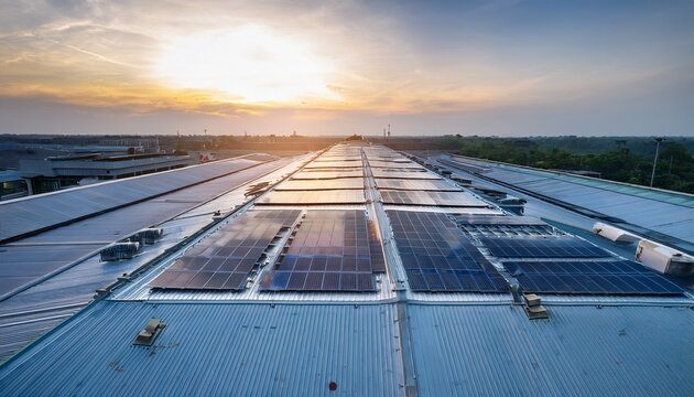 top view solar cell on warehouse factory solor photo voltaic panels system power or solar cell on industrial building roof for producing green ecological electricity production of renewable energy