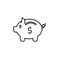 Piggy bank icon in simple monochrome line drawing for finance visuals. Suitable for budgeting, savings, banking, and investment designs.
