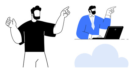 Two men, one presenting confidently and another working on a laptop, emphasizing teamwork and creativity. Ideal for collaboration, presentation, leadership, cloud technology, communication, remote