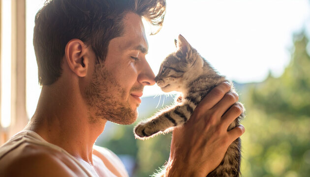 Young man holding kitten close to his face, both with eyes closed, sharing tender moment outdoors in bright sunlight, evoking warmth, affection, and connection