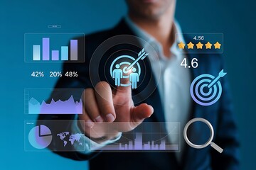 Businessman interacts with futuristic holographic interface displaying business analytics charts and goals