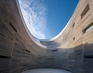 a striking image of modern minimalist concrete architecture featuring curved walls and an open sky showcasing contemporary design