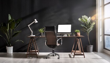 modern office large black wall sunlight workspace mockup