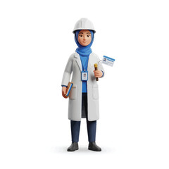 A 3D rendering of a professional Muslim woman wearing a hijab, hard hat, and lab coat, representing an engineer or scientist, isolated on a white background