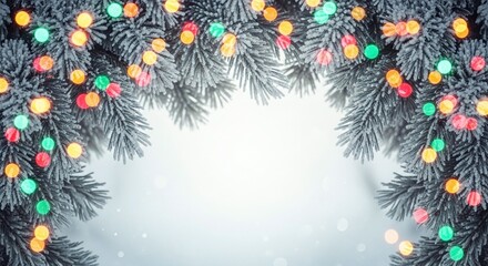 Closeup of frosted pine branches with colorful christmas lights