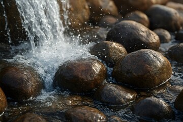 A close-up of a gushing waterfall with rocks in a river, showcasing the power and tranquility of nature.