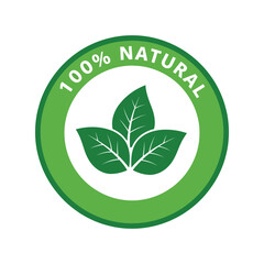 100% natural label with green leaves, organic product, healthy food badge icon