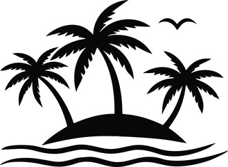 Palm Tree Silhouettes – Tropical Sunset Beach, Island Paradise Vacation Line Art