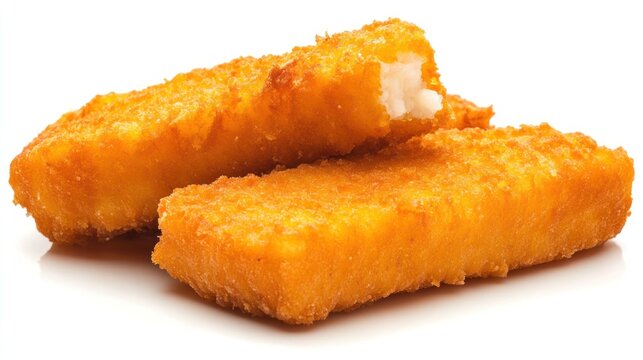 Crispy golden brown fish sticks on white background