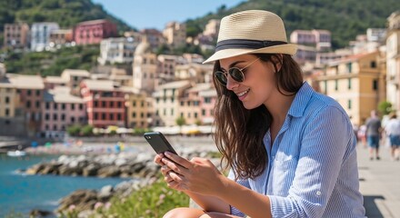 Woman using smartphone with scenic coastal village in background