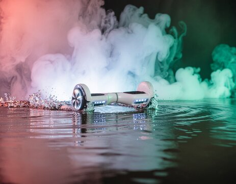 Sleek hoverboard skims lit water reflecting neon in dynamic nighttime scene