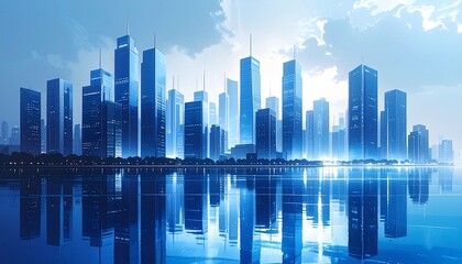 Obraz premium futuristic city skyline with glowing blue skyscrapers perfectly reflected in the calm water below
