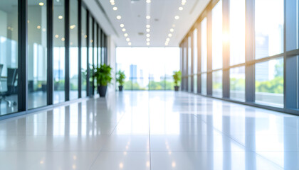 Modern Office Corridor With Bright Sunlight And Plants Overlooking Cityscape