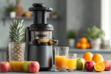 Modern juicer surrounded by fresh fruit and juice glasses