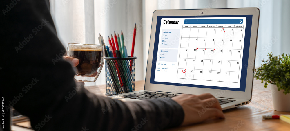 Wall mural calendar on computer software application for modish schedule planning for personal organizer and on