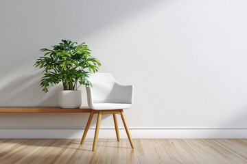 White Chair and Green Plant on Wooden Shelf in Minimalist Interior