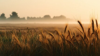 Fototapeta premium Golden fields stretch under dawn light in early morning serenity near a quiet landscape