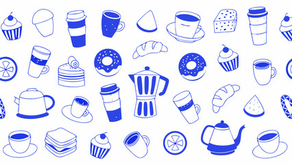 Coffee and Breakfast Doodle Vector Set – Hand Drawn Blue Line Illustrations