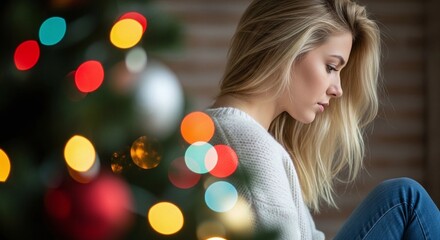 Young woman looking down near a christmas tree