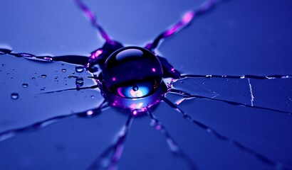 A mysterious eye-like orb on a shattered blue surface, with radiating cracks and shimmering liquid, illuminated by purple light.