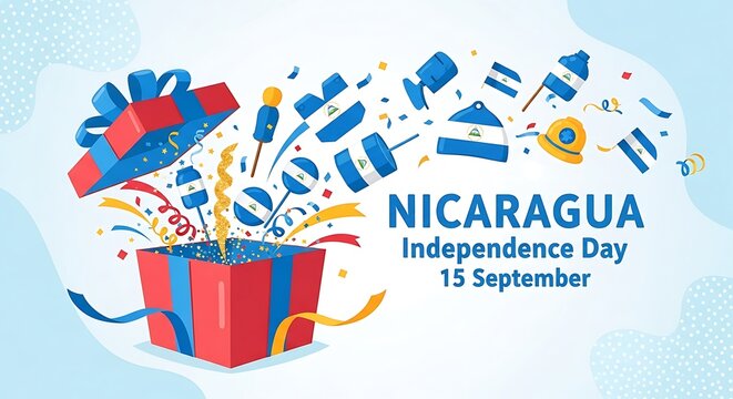Nicaragua Independence Day Celebration: Gift Box with Flags, Confetti, and Ribbons.