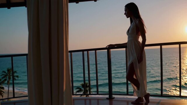 The exceptional sensation of indulging in opulent vacation retreat, illustrated through 4K video footage of young female admiring the oceanic vista from the veranda of seaside residence
