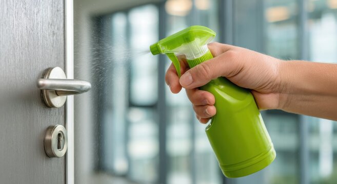 A hand sprays disinfectant on a door handle using a green spray bottle. This image is ideal for illustrating hygiene, cleaning, disinfection, virus prevention, and health safety practices.