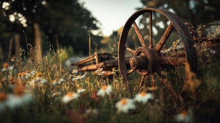 Rusty agricultural machinery rests in a vibrant wildflower field during golden hour light in a rural landscape